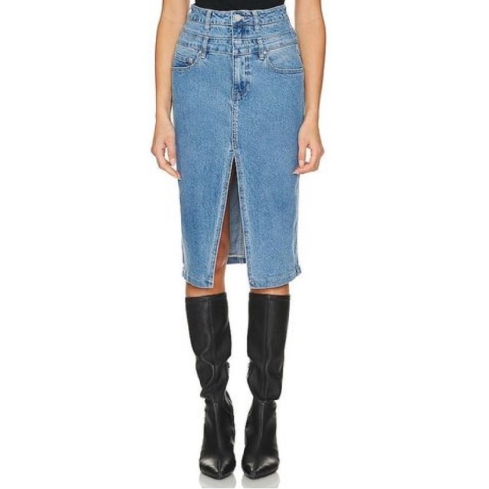 AFRM Maison Blue High Waisted Slit Denim Midi Stretch Skirt Size 28